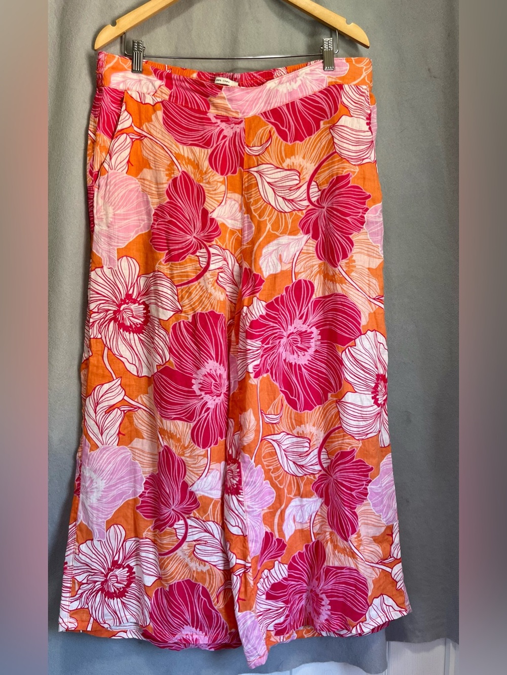 Rachel Zoe 100% Linen Wide Leg Palazzo Pants XL Floral Orange Pink Tropical